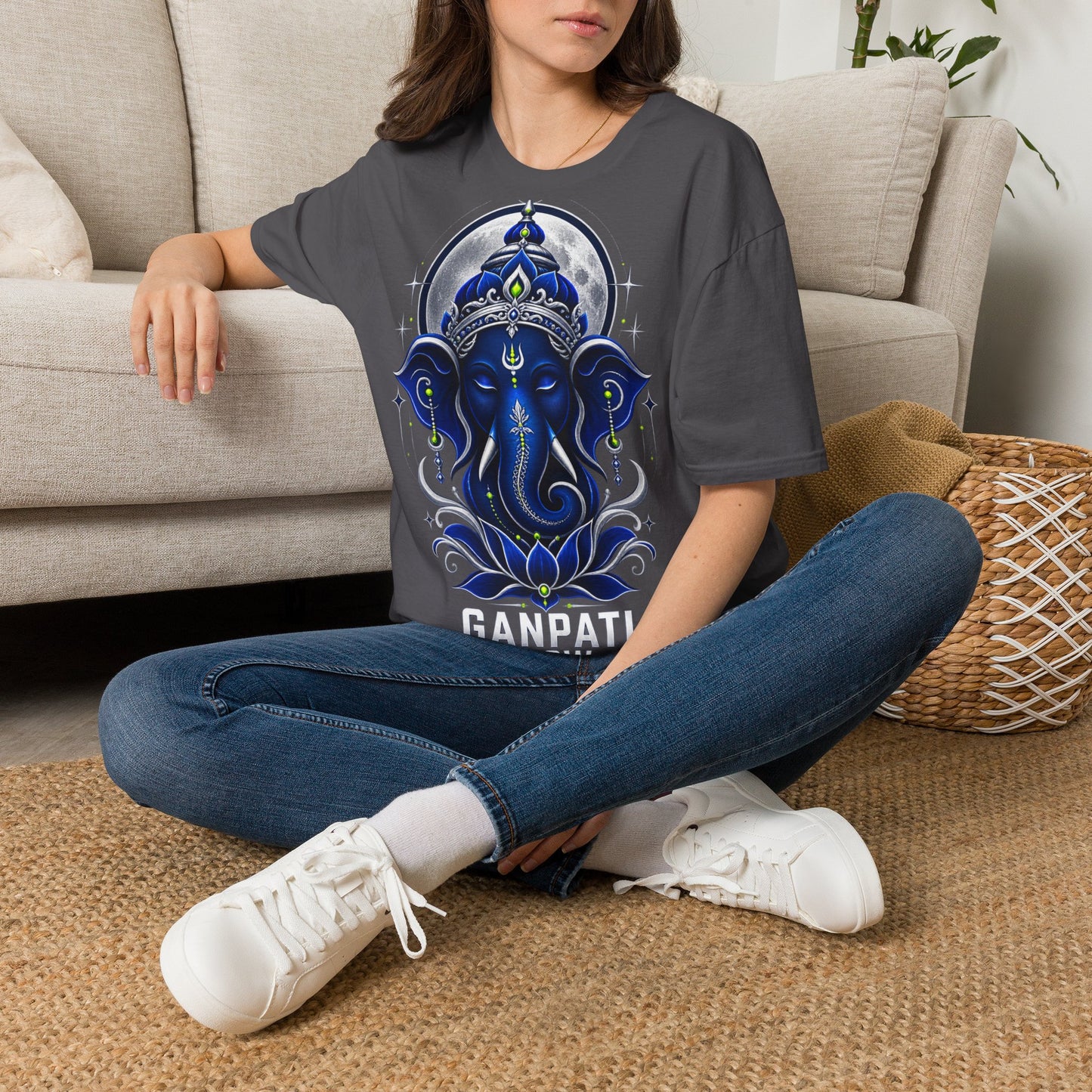 Ganesha Moonlight T‑Shirt — Mystical Blue Elephant Yoga Tee