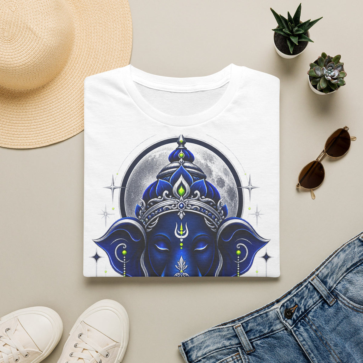 Ganesha Moonlight T‑Shirt — Mystical Blue Elephant Yoga Tee