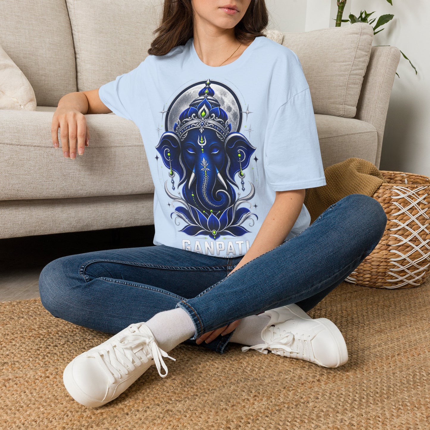 Ganesha Moonlight T‑Shirt — Mystical Blue Elephant Yoga Tee