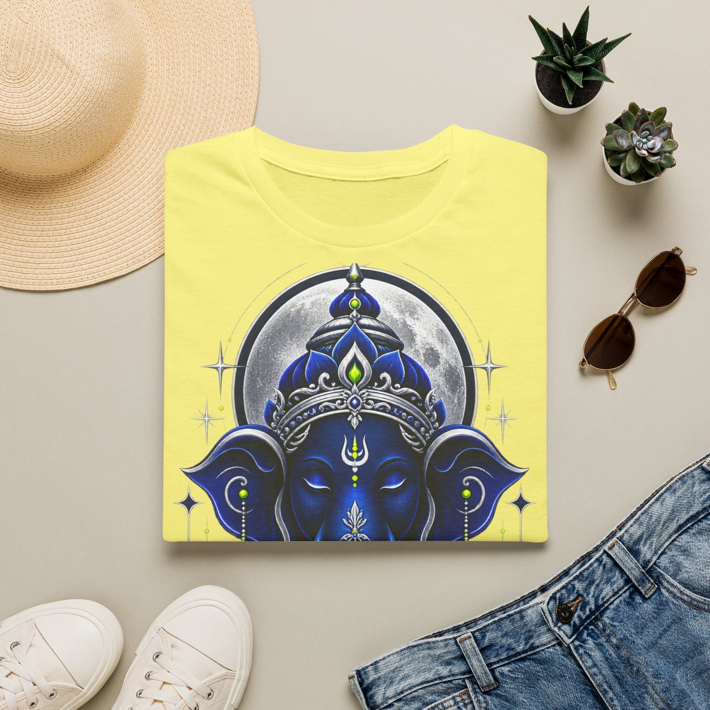 Ganesha Moonlight T‑Shirt — Mystical Blue Elephant Yoga Tee