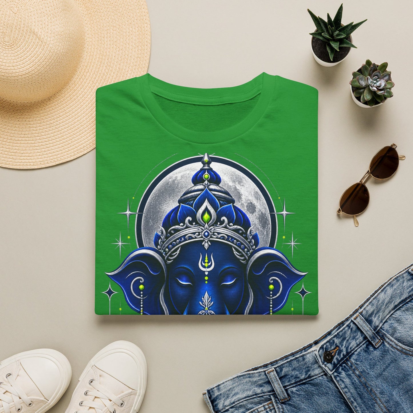 Ganesha Moonlight T‑Shirt — Mystical Blue Elephant Yoga Tee