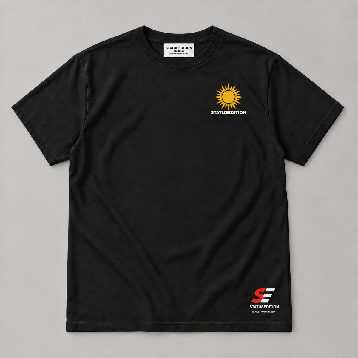 Good Energy Tee — Black front with chest logo