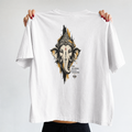 Back view of the white STATUSEDITION New Beginnings Tee, showing Ganesha artwork and NEW BEGINNINGS BIGGER POSSIBILITIES lettering.