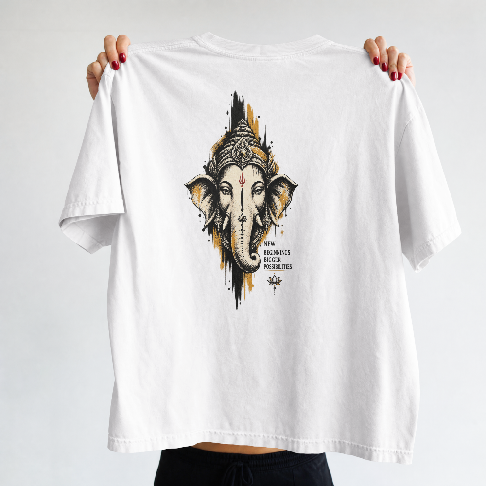 Back view of the white STATUSEDITION New Beginnings Tee, showing Ganesha artwork and NEW BEGINNINGS BIGGER POSSIBILITIES lettering.