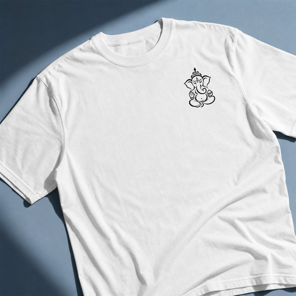 Front flat-lay view of the white STATUSEDITION New Beginnings Tee with a small Ganesha chest print.
