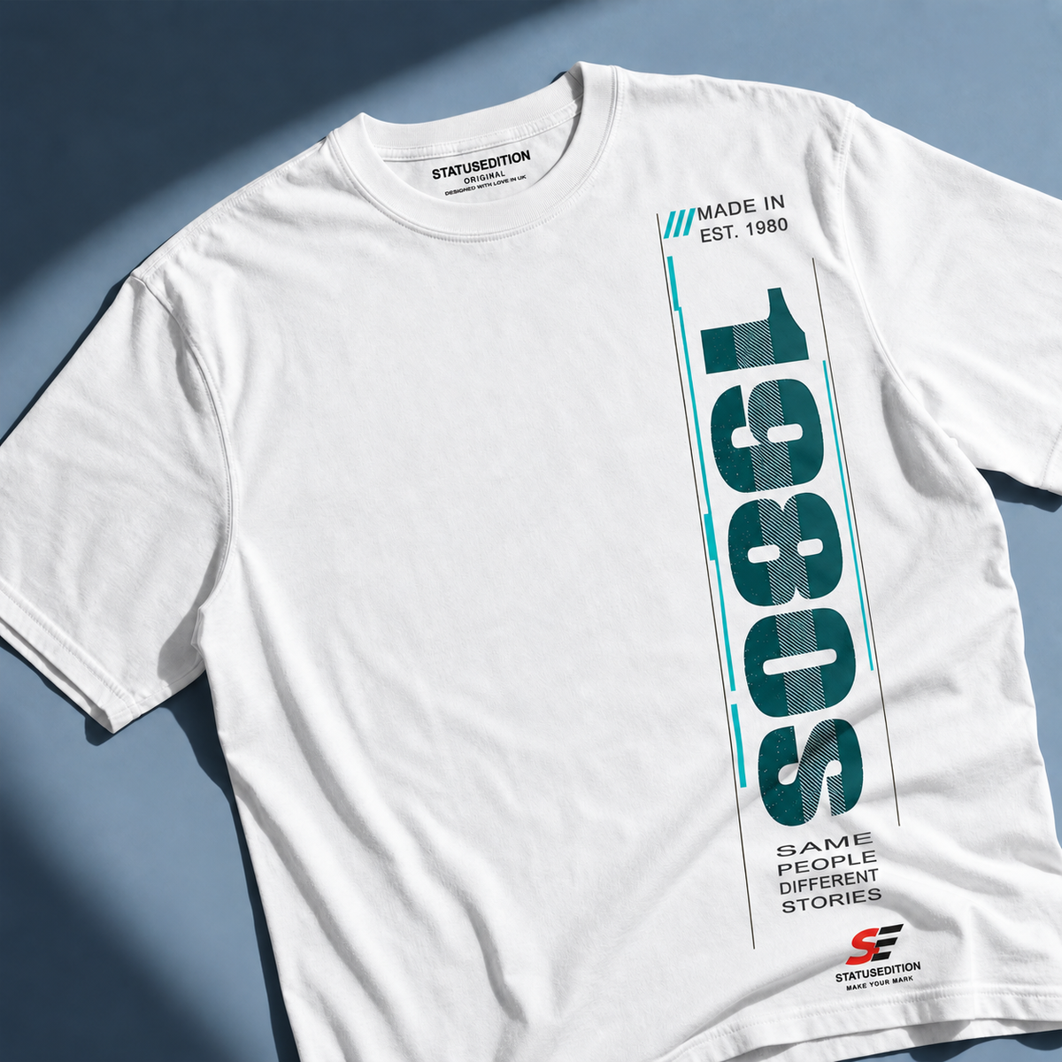 1980s Vertical Tee — White, front view 1