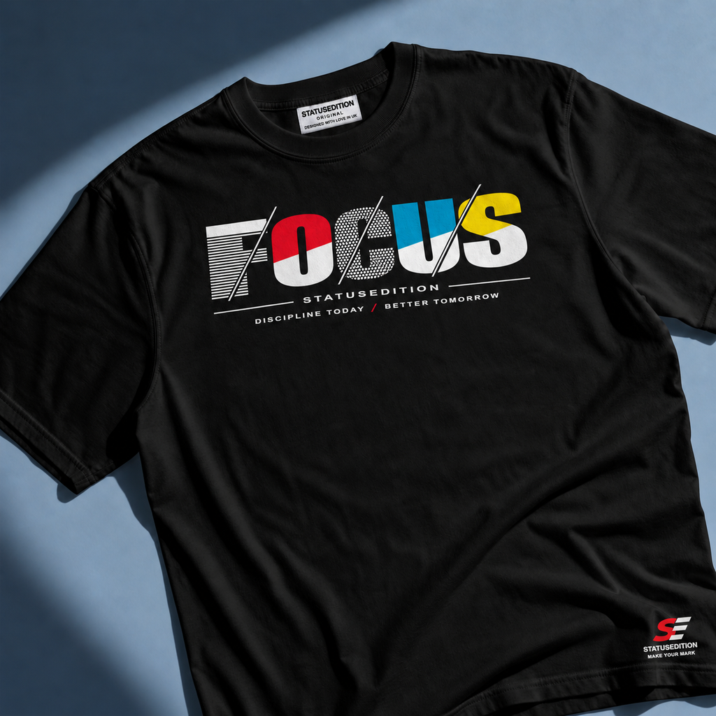 Focus Slash Tee — Black, front view 1
