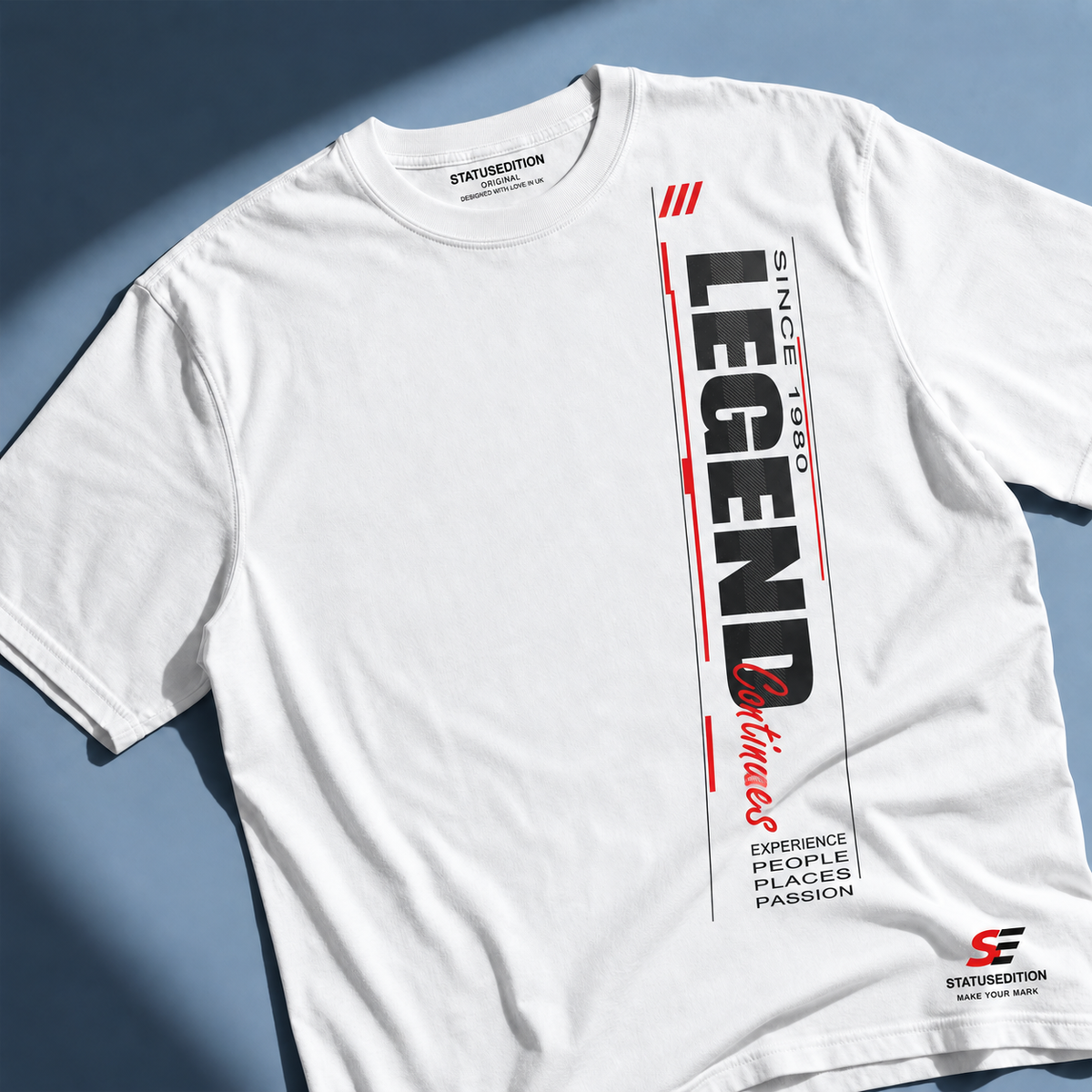Legend Continues Vertical Tee — White, front view 1