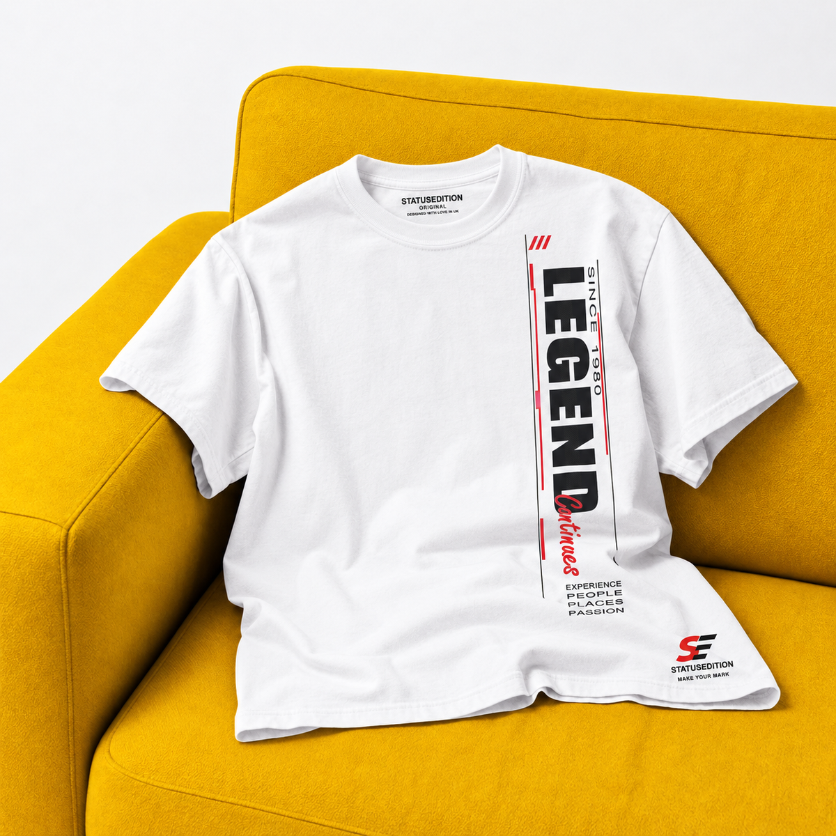 Legend Continues Vertical Tee — White, front view 2