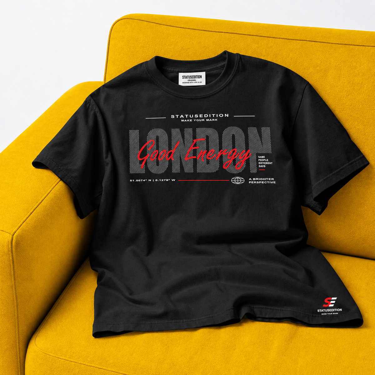 London Good Energy Tee â€” Black, front view 2