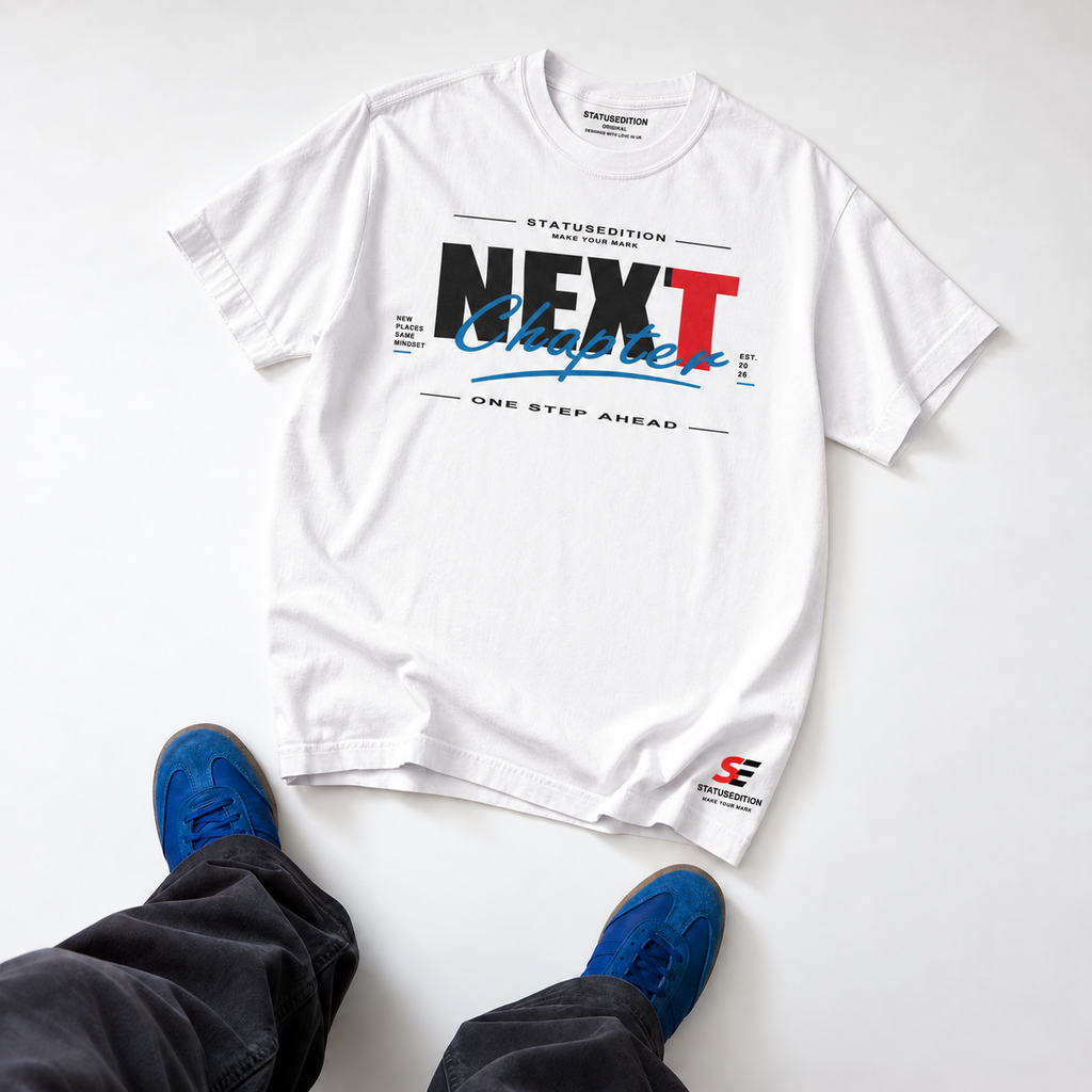 Next Chapter Tee â€” White, front view 4
