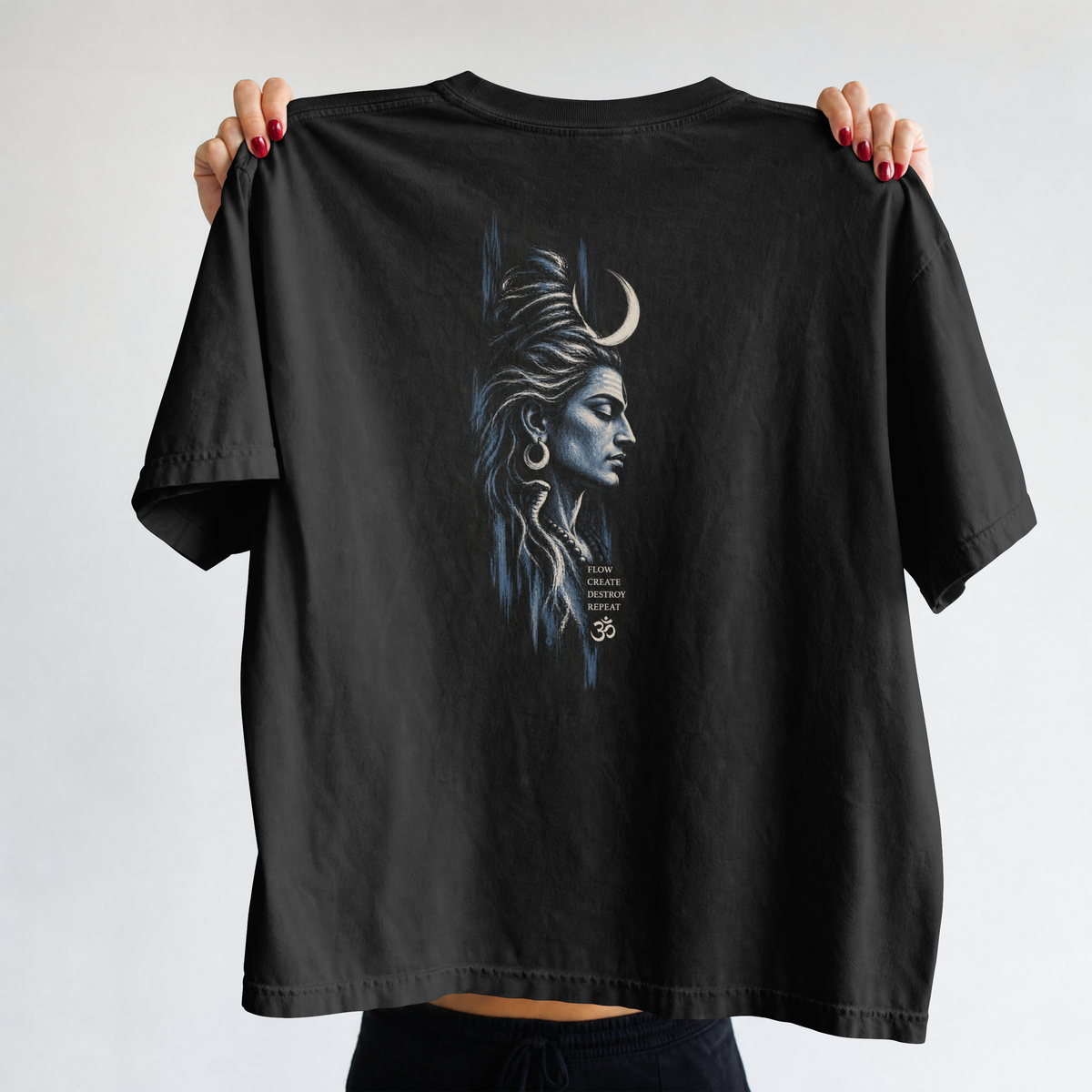 Back of the black Shiva Flow Tee with Shiva portrait and FLOW CREATE DESTROY REPEAT lettering.